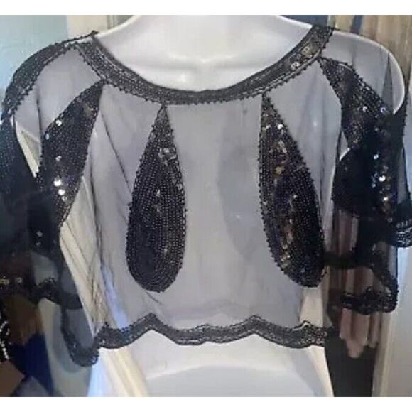 Vintage Sequin Black Poncho Butterfly Teardrop Womens Cropped Art Deco Scalloped - Picture 2 of 16